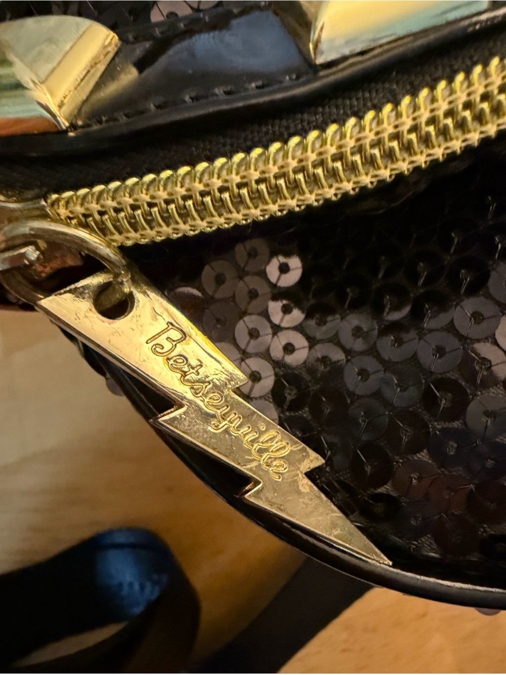 Betsey Johnson Black Sequin Crossbody with Gold Studs - Picture 4 of 5